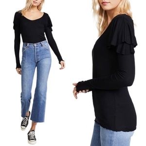 We The Free People On Rewind Black Ruffled Shoulder Longsleeve Blouse Top Sz XS